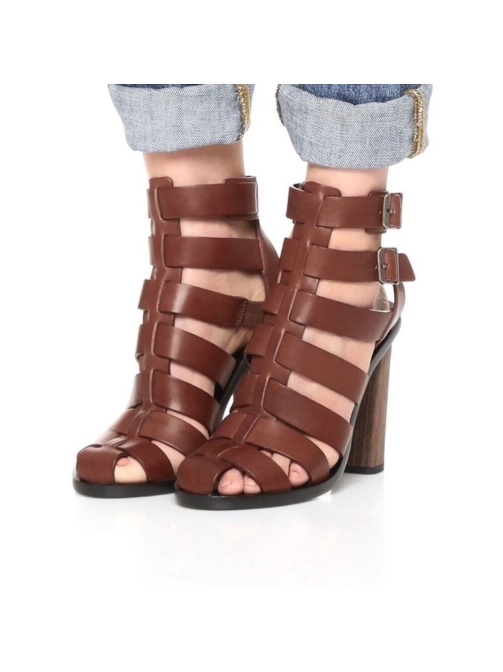 Vince Nicolette Caged Heeled Brown Leather Gladiator Sandals Women’s 5.5 $359